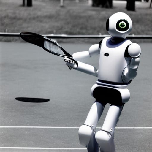 Space Alien Chatbot Robots Play Tennis, 1980s Style