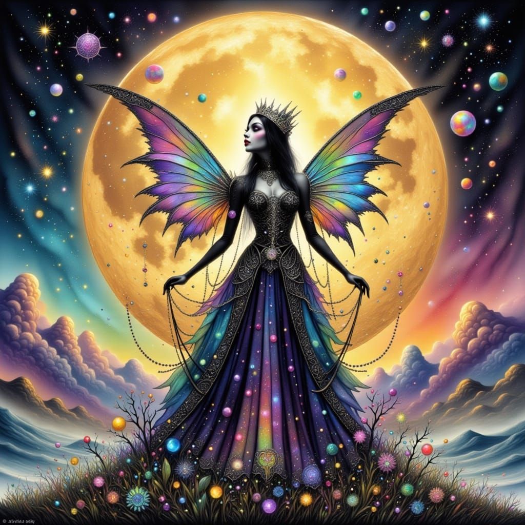 Victorian Fairy Before Moon in Art Nouveau Style