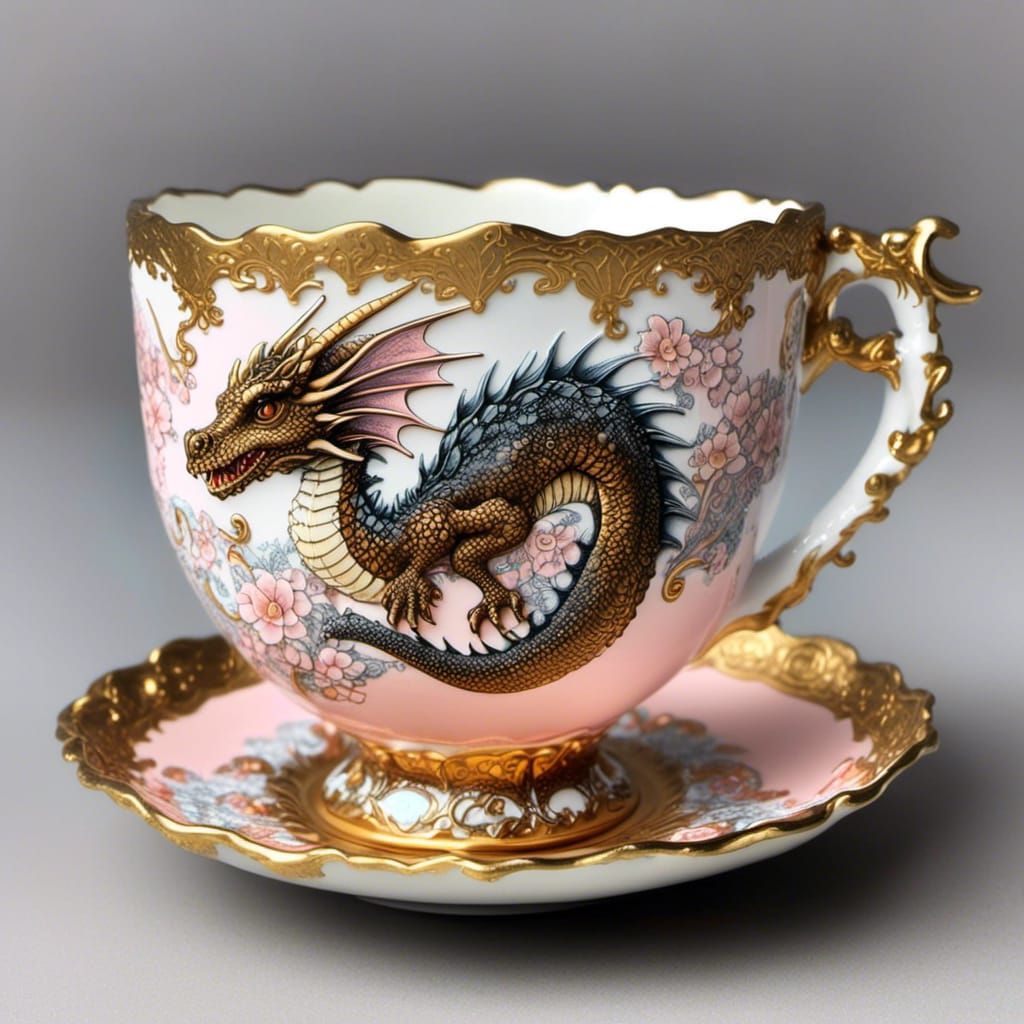 Dragon Hatchling in Teacup: Rococo Enamel Art