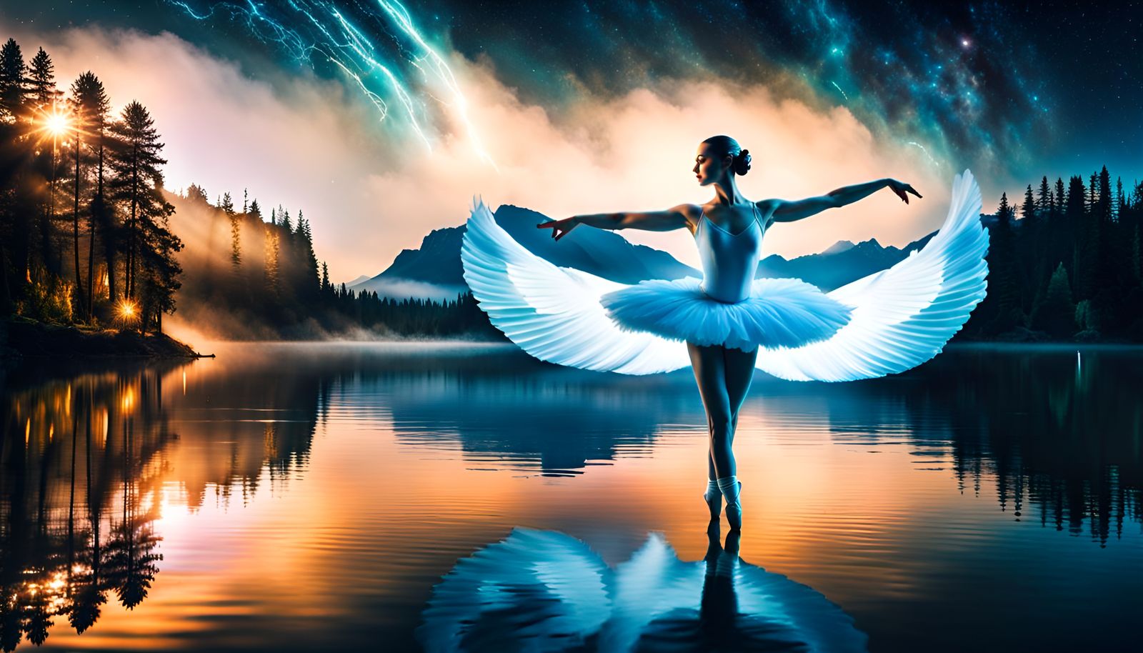 Ballet Dancer Merged with Swan in Bioluminescent Lake