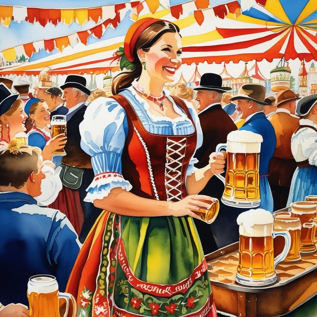 Oktoberfest Scene in Watercolor Folk Art Style