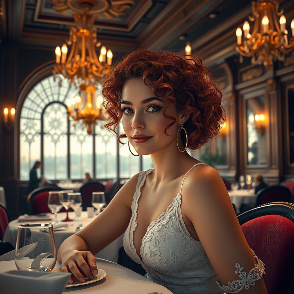 Elegant Young Woman in Lavish Restaurant Setting