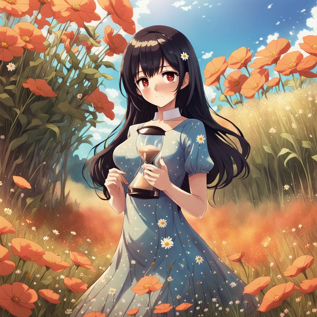 Anime Style Woman with Hourglass Figure in Flowers