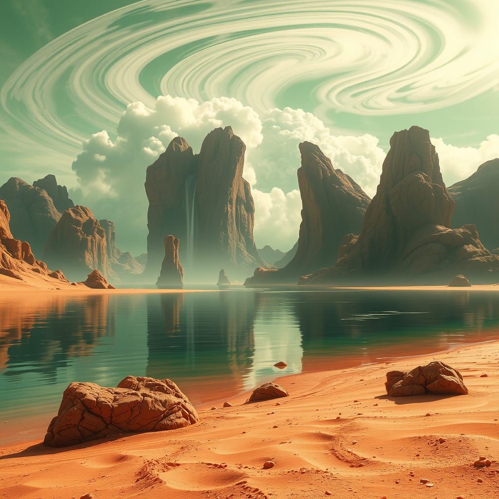 Alien Lakefront with Vibrant Green Sky and Orange Rock Forma...