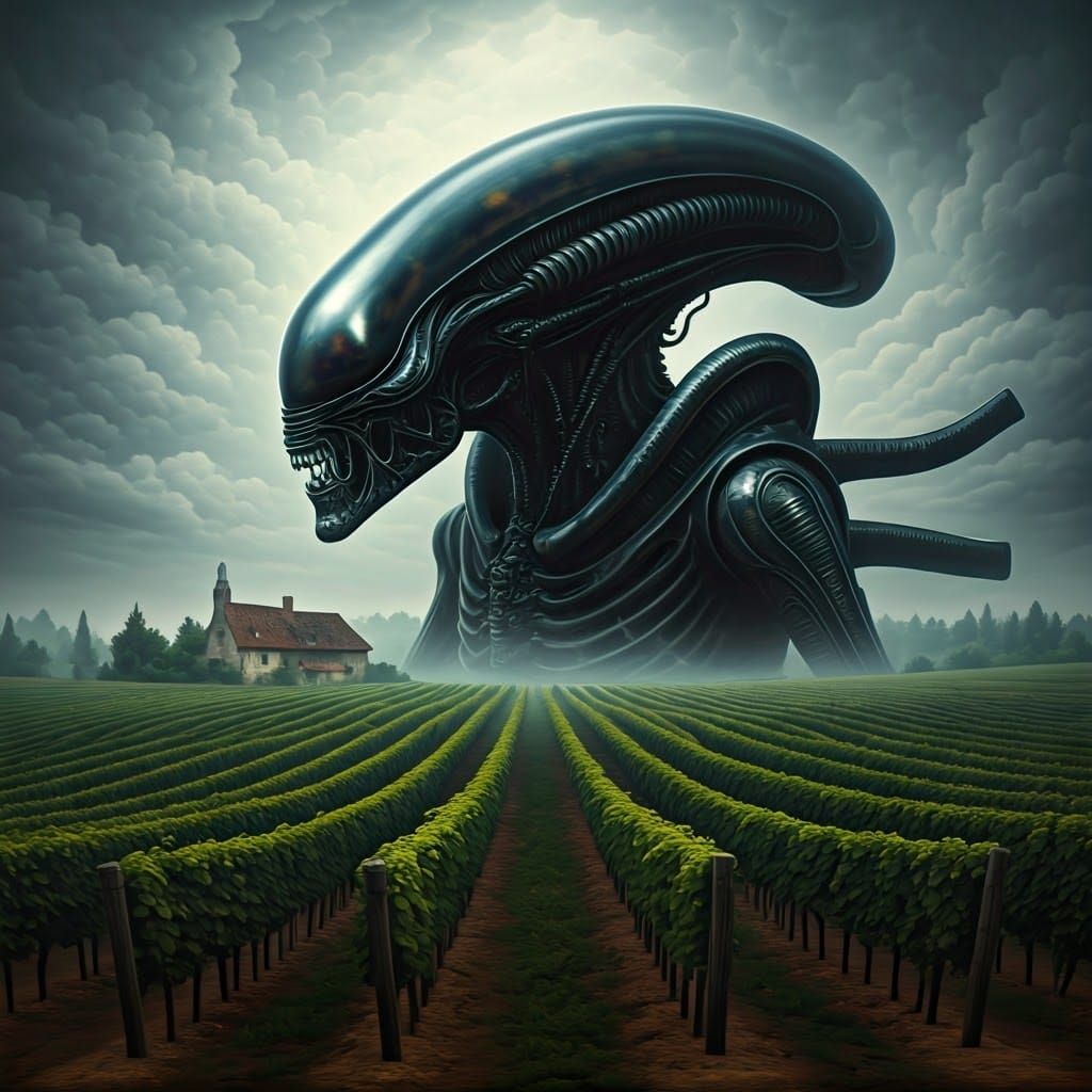 Bio-Mechanical Xenomorph Emerges from Eerie Vineyard Landsca...