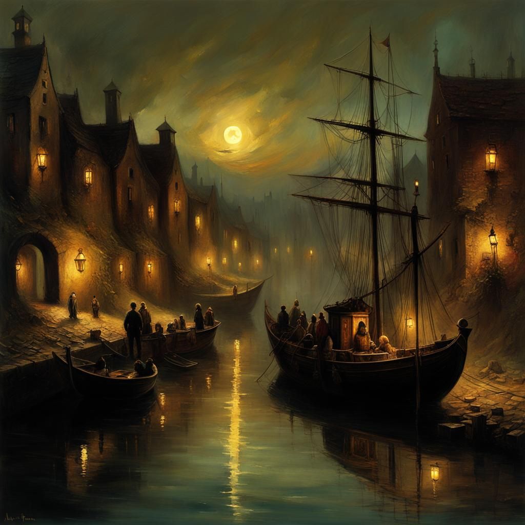 Dystopian Medieval Harbor at Night: Dark Fantasy Art