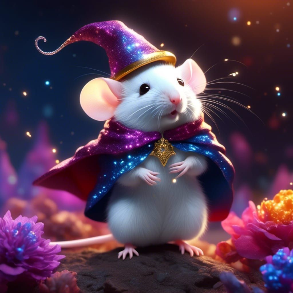 Albino Mouse Wizard with Glowing Wand in 8k