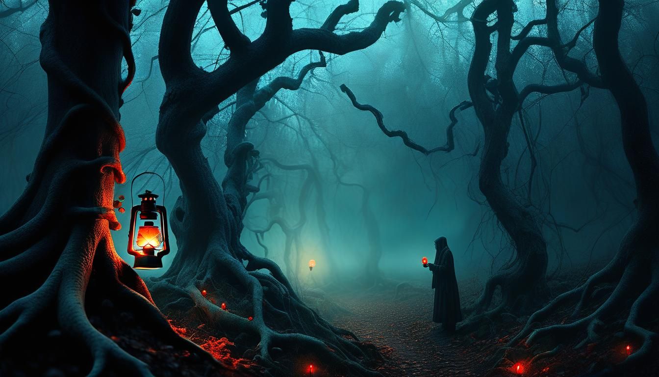 Mystical Forest Figure with Lantern in Surreal Style
