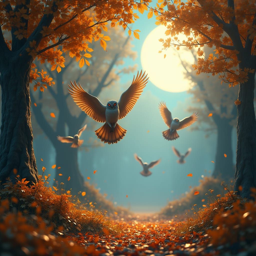 Ethereal Owls in Autumn Landscape, Fantasy Concept Art