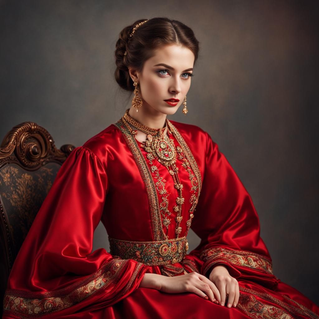 Young Woman in Red Dress with Almond Eyes