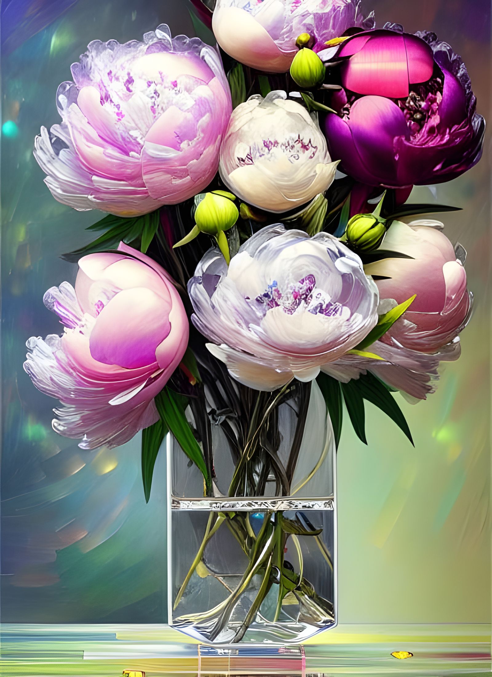 Iridescent Glass Peonies: An Impressionistic Oil Painting