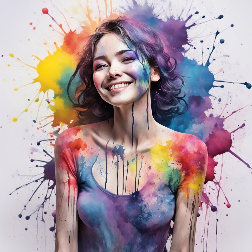 Rainbow Lady in Ink Splatter Collage Art