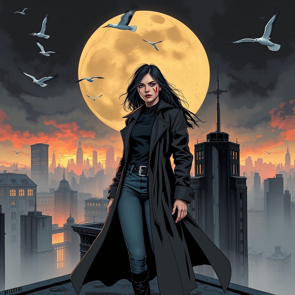 Woman on Rooftop with Bombers, Comic Book Art