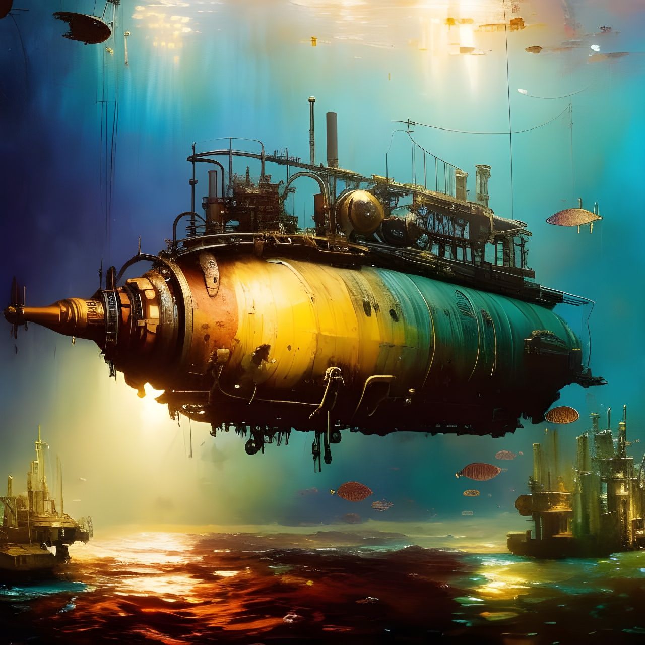 Steampunk Submarine with Exotic Ocean Life