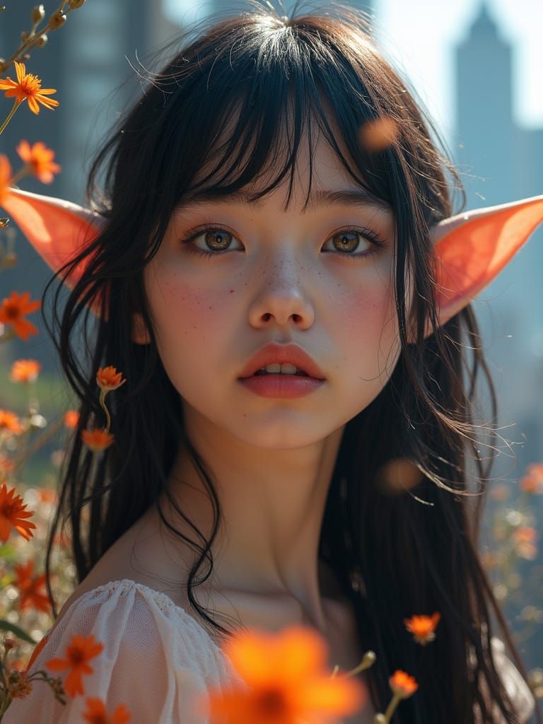 Double Exposure Elf with Flowers, Surreal Portrait