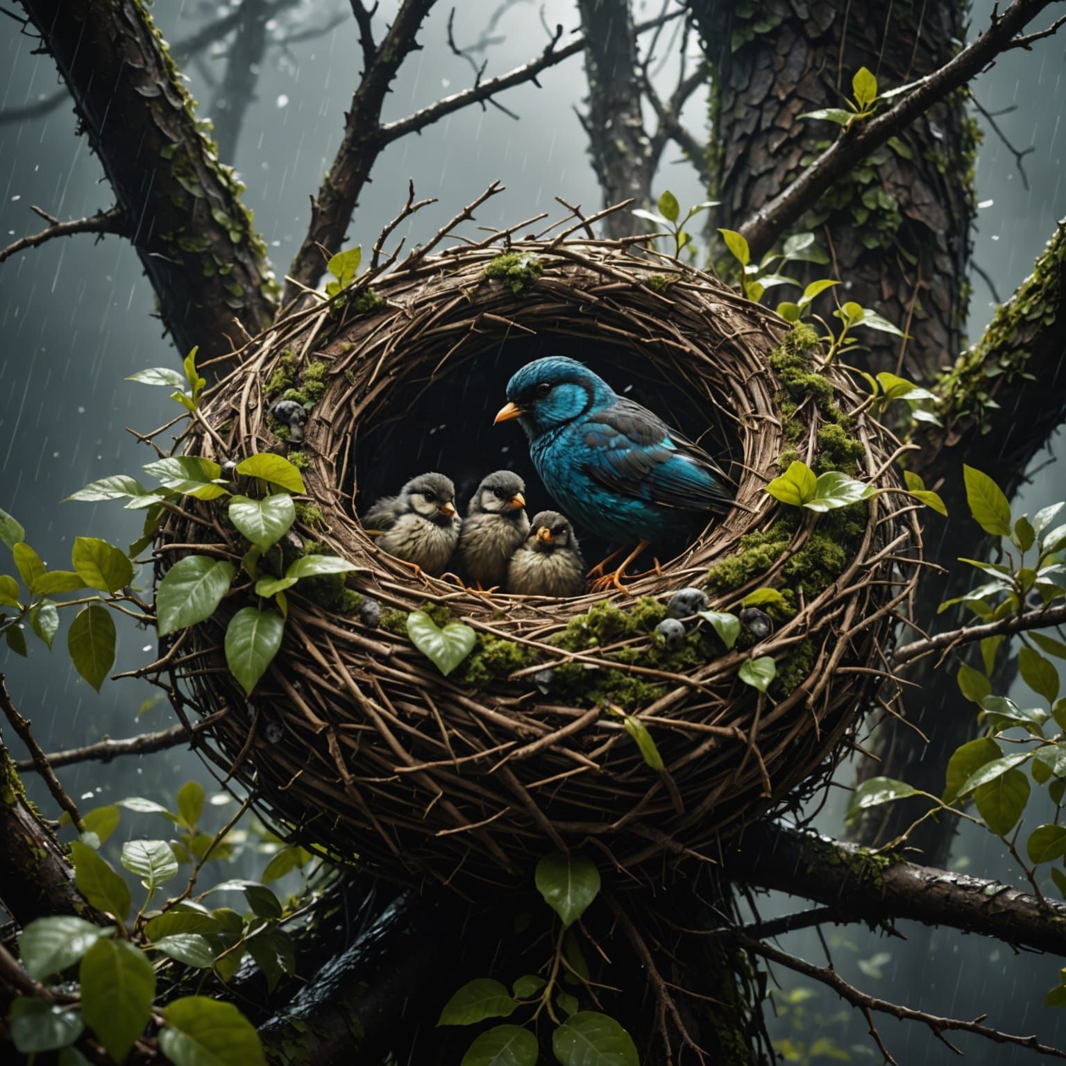 Birds in a Fantastical Rainstorm Nest Scene in Epic 3D Game...