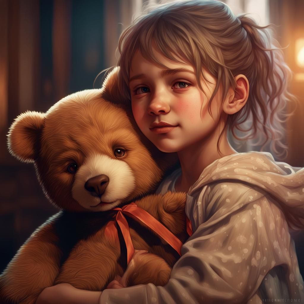 Girl Hugging Teddy Bear: Hyperrealistic Portrait