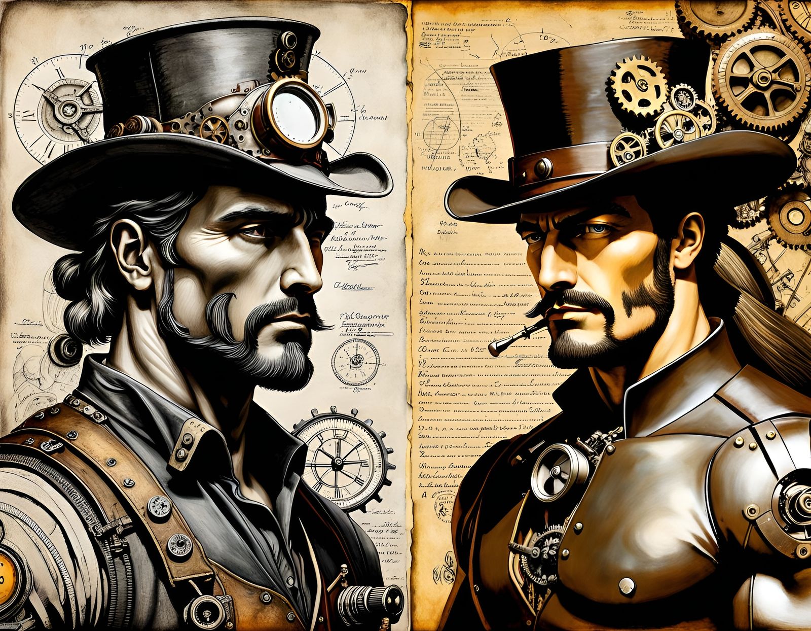 Steampunk Cowboy Anatomy in Da Vinci Style Charcoal