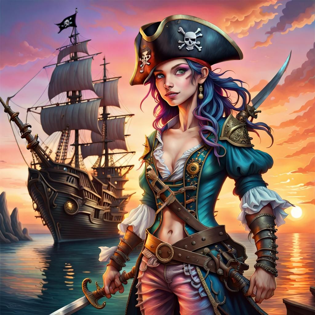Fairy Dragon Pirate at Sunset: Pencil Art Fantasy