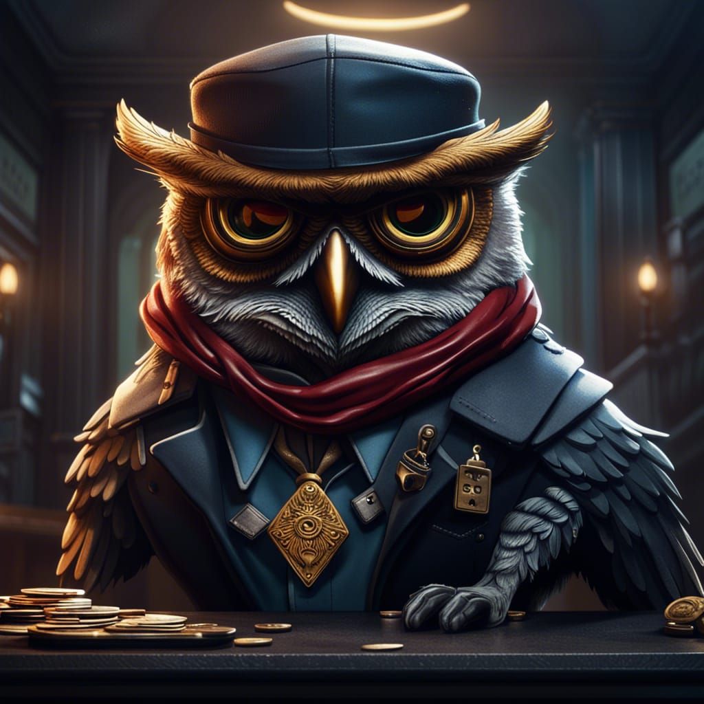 Noir-Style Criminal Owl Bank Robbery: Detailed Matte Paintin...