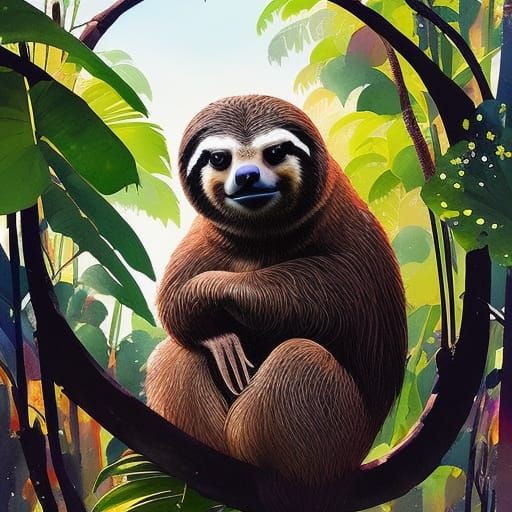 Cute Hula Sloth in Detailed Gouache Painting