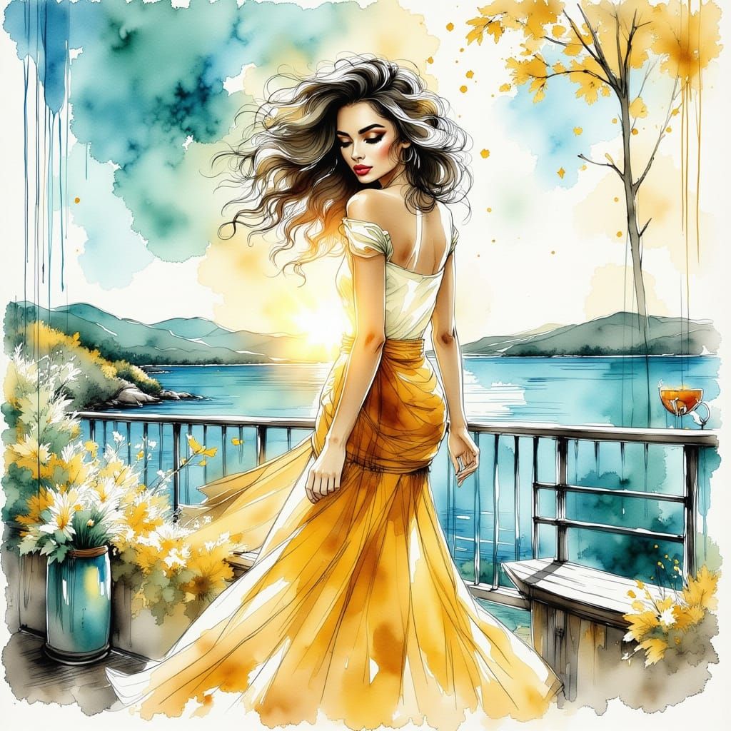 Woman Silhouette in Watercolor Style with Golden and Turquoi...