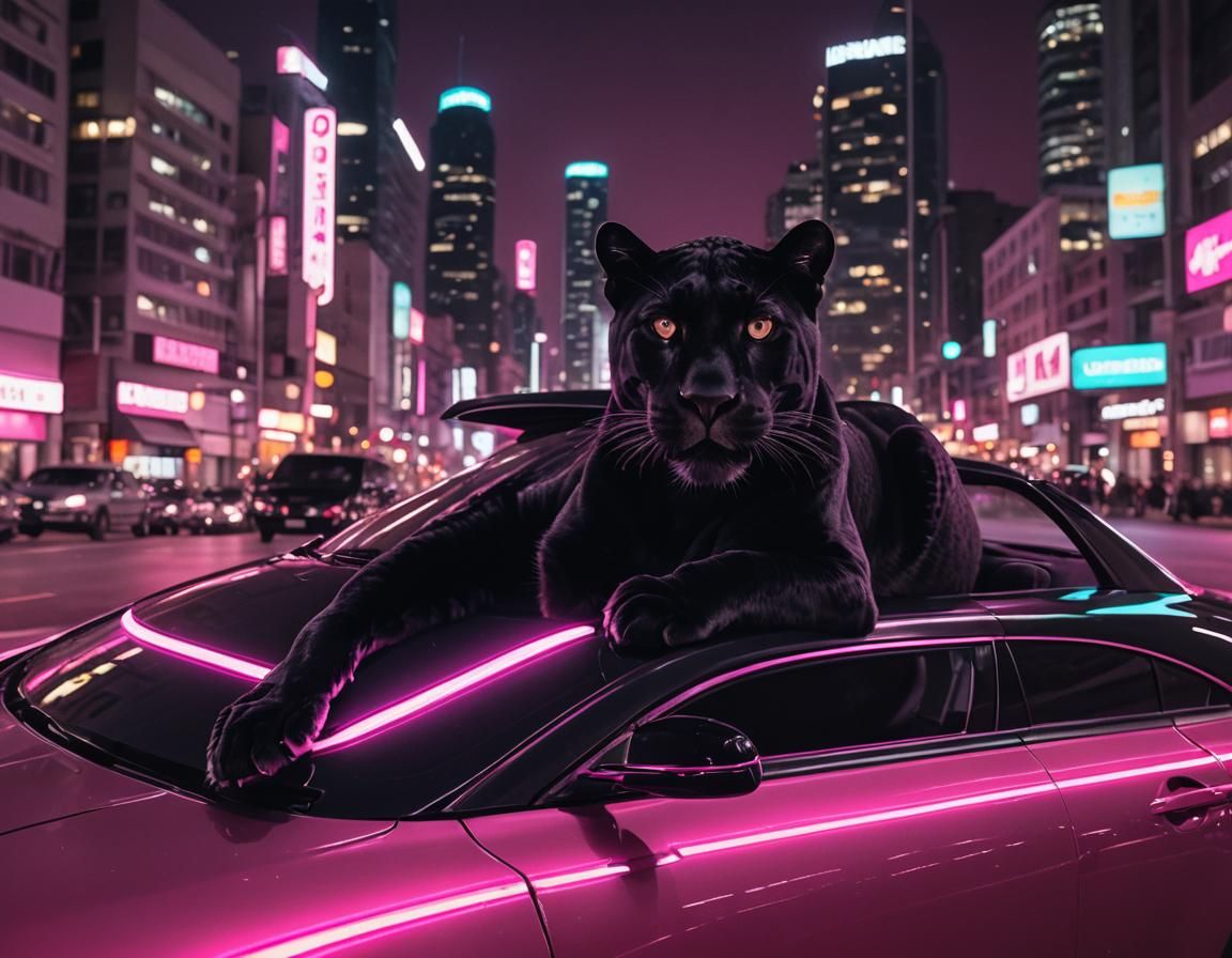 Black Jaguar Cat on Car, Neon Cityscape