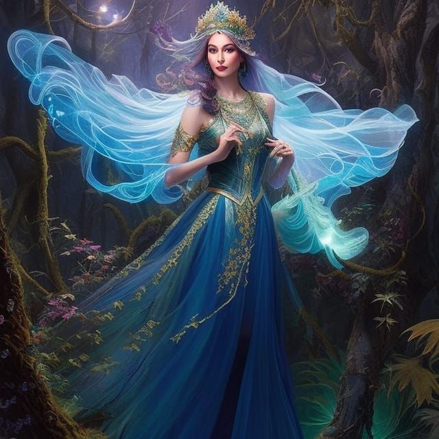 Enchanted Elf Dancing in Dark Forest, Fantasy Art