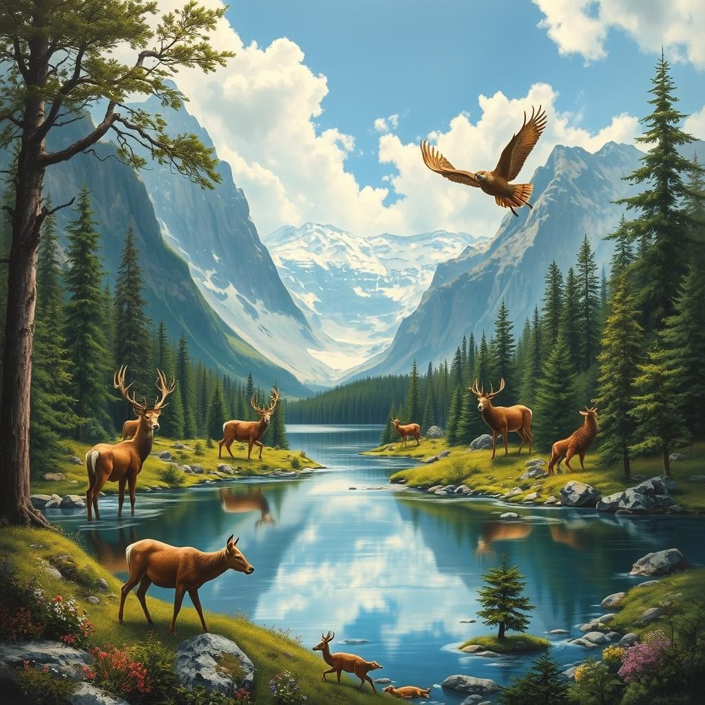 Harmonious Wildlife in Lush, Vibrant Landscape