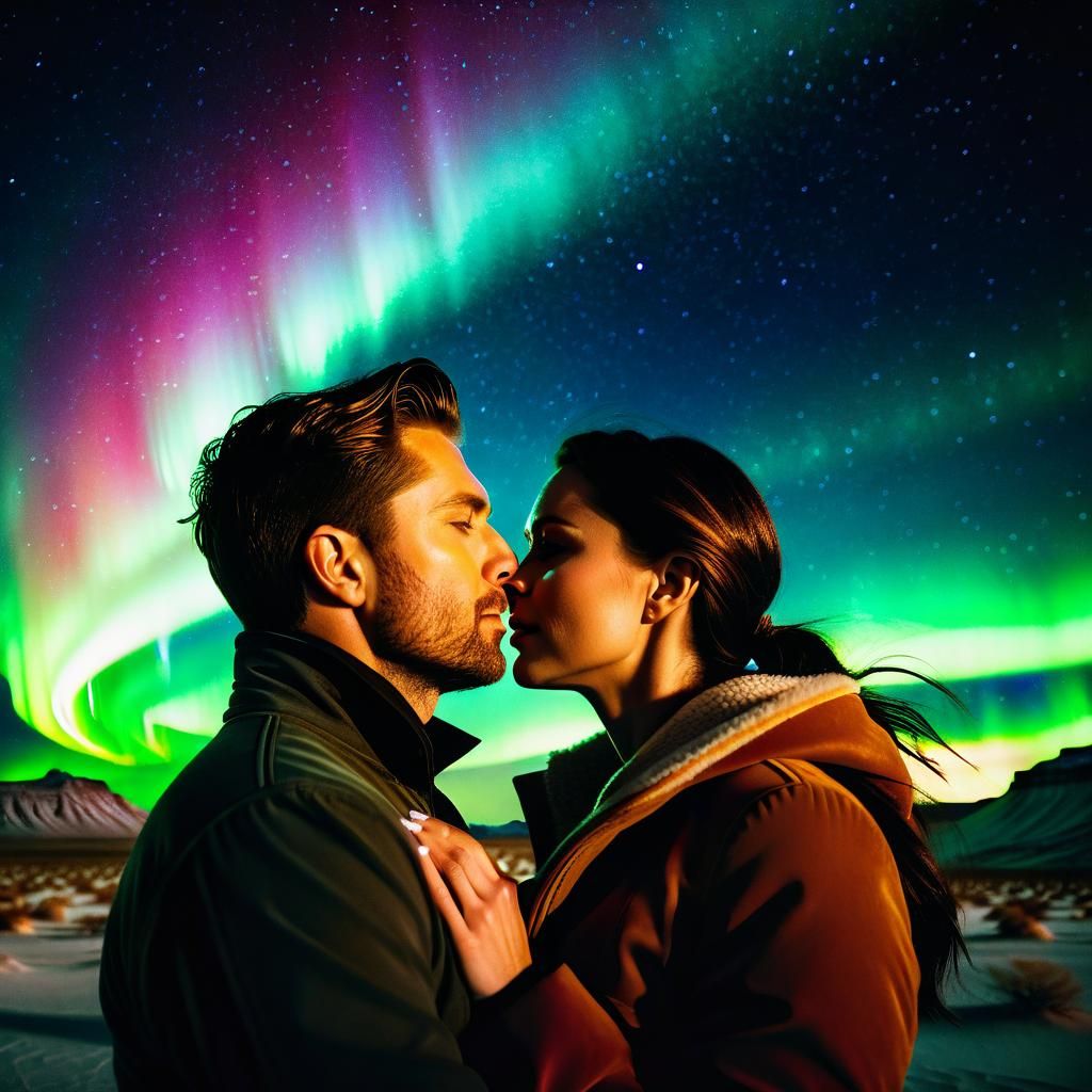 Romantic Desert Embrace Under Aurora Borealis