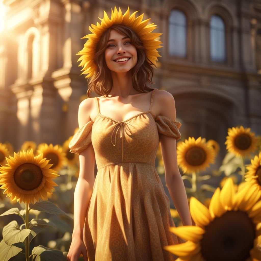 Sunflower Dress Woman with Volumetric Lighting