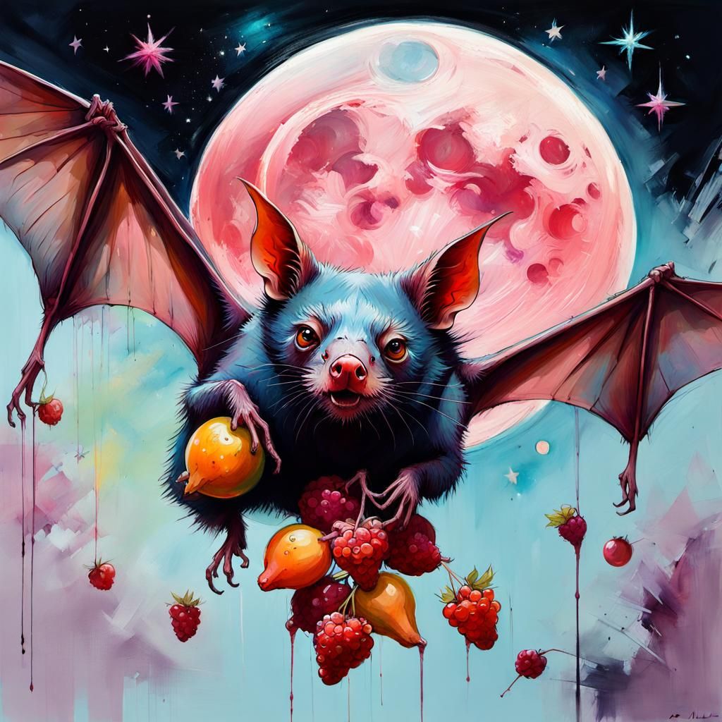 Fruit Bat Feast Under Moonlight: An Expressionist Oil Painti...