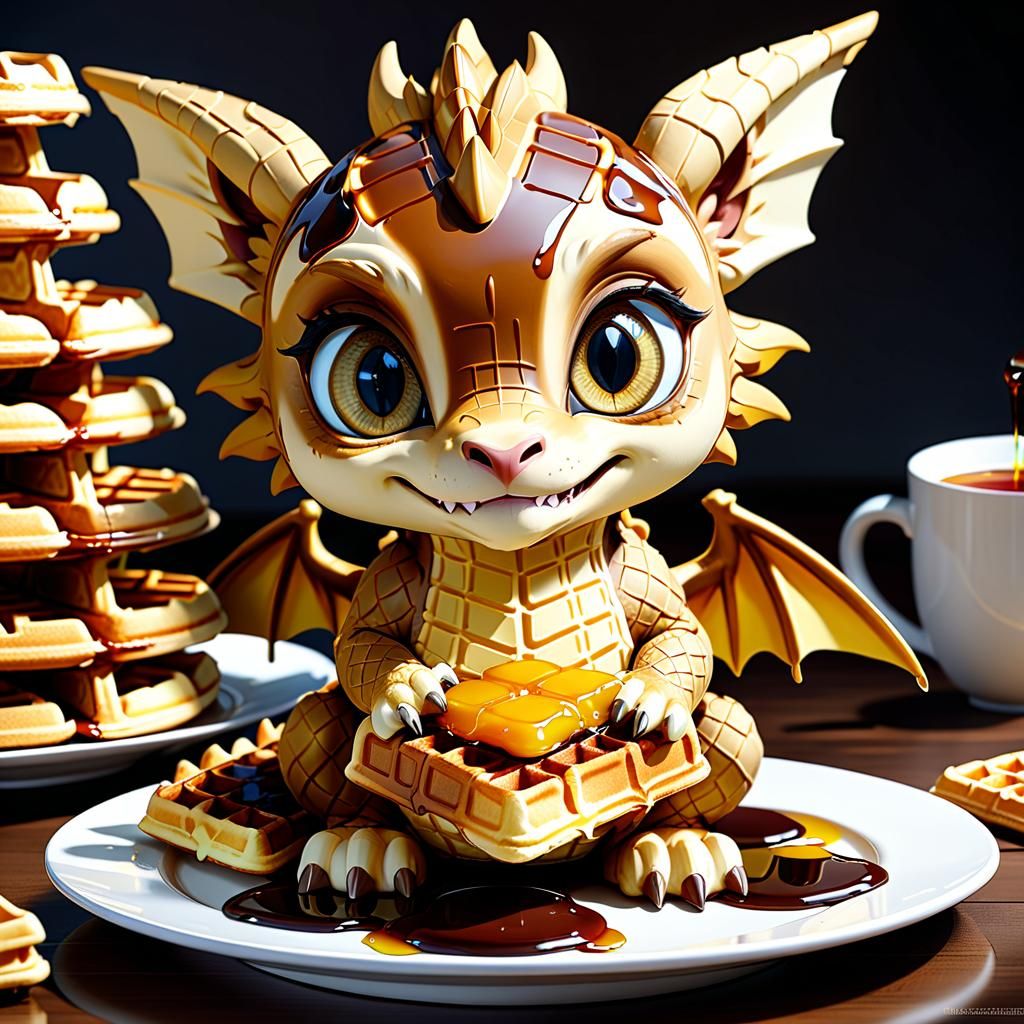 Adorable Waffle Dragon with Syrup, Anime Style