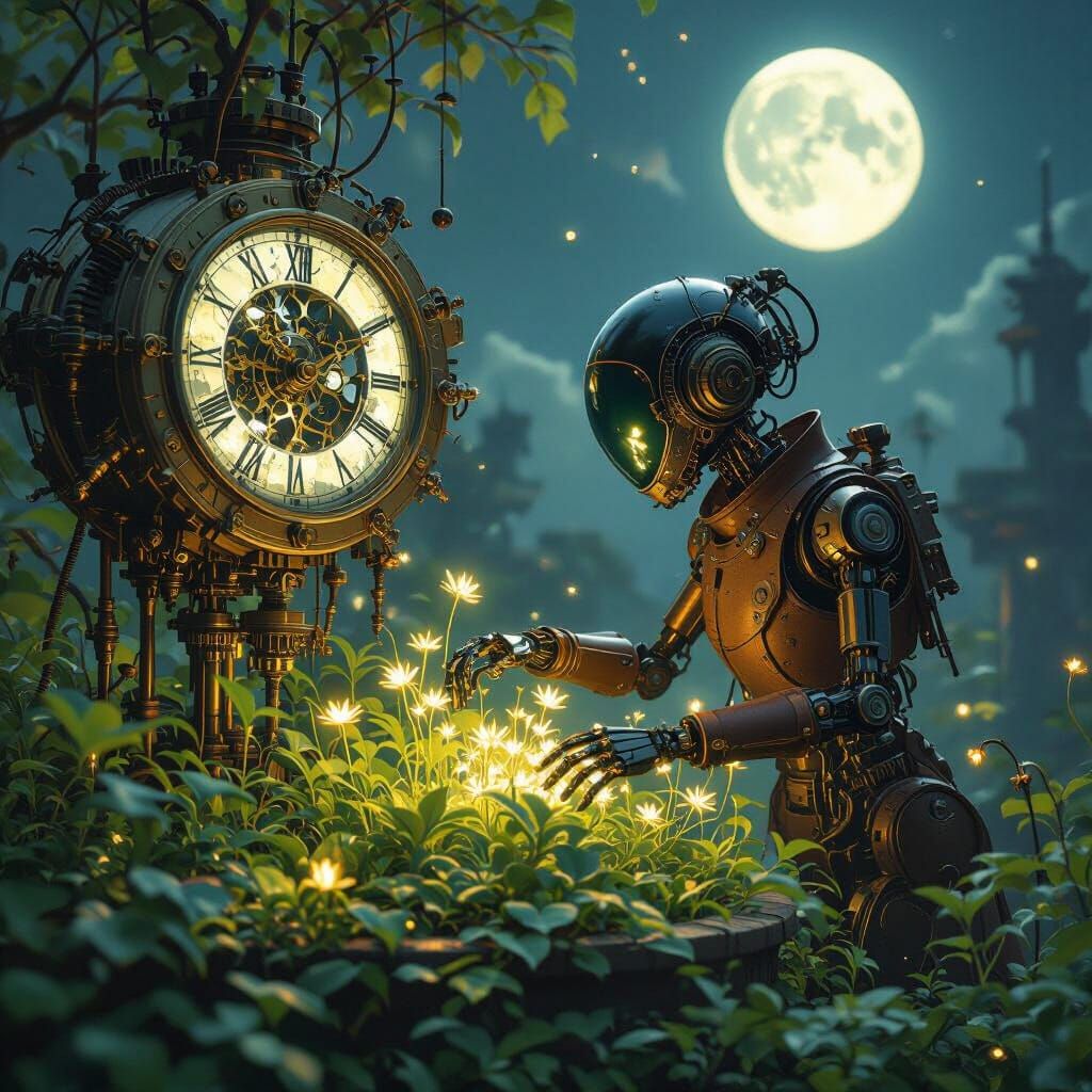 Bioluminescent Garden Maintained by Clockwork Automaton