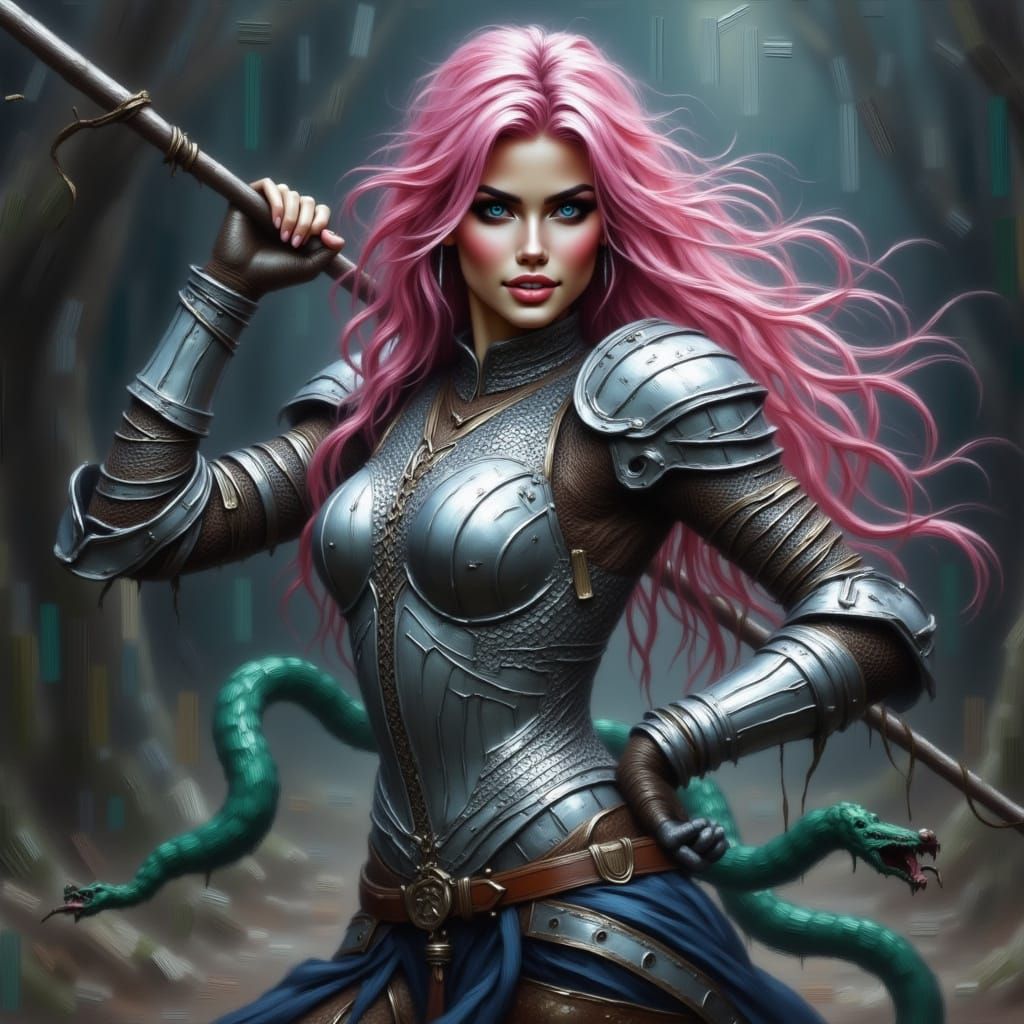 Green-Haired Warrior Woman in Detailed Matte Painting