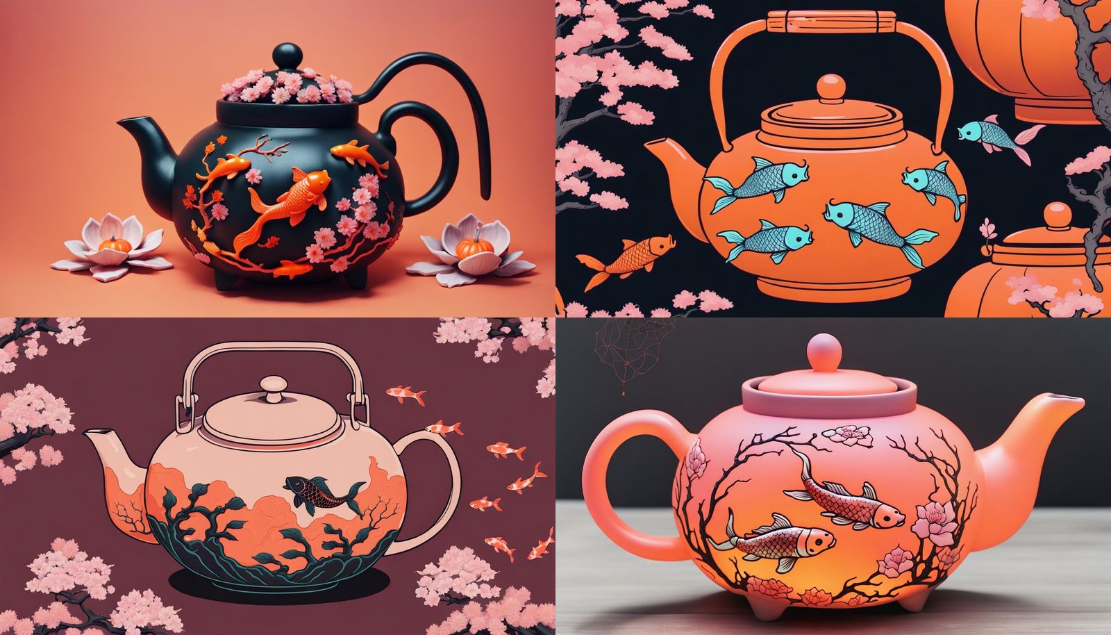 Sakura and Koi Cast Iron Teapot in Synthwave Style