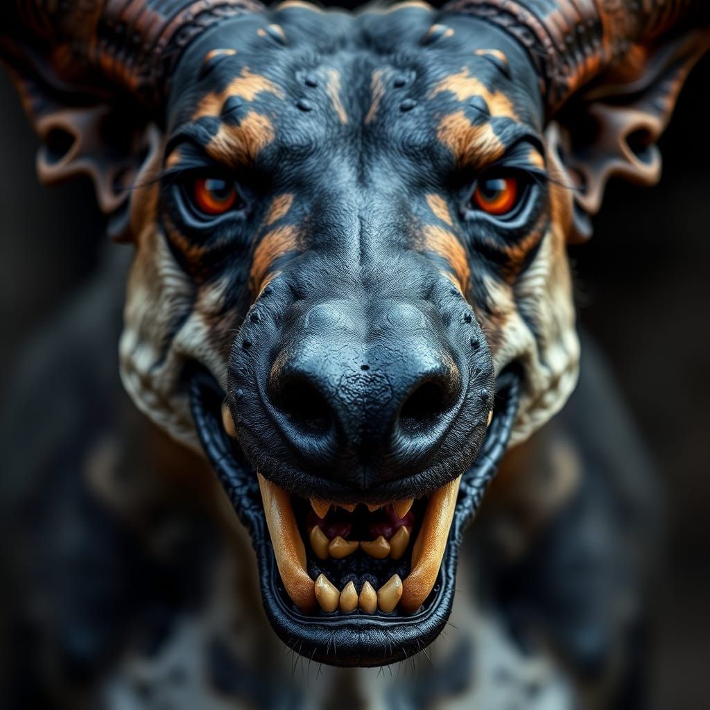 Fearsome Hellhound Portrait with Piercing Horns