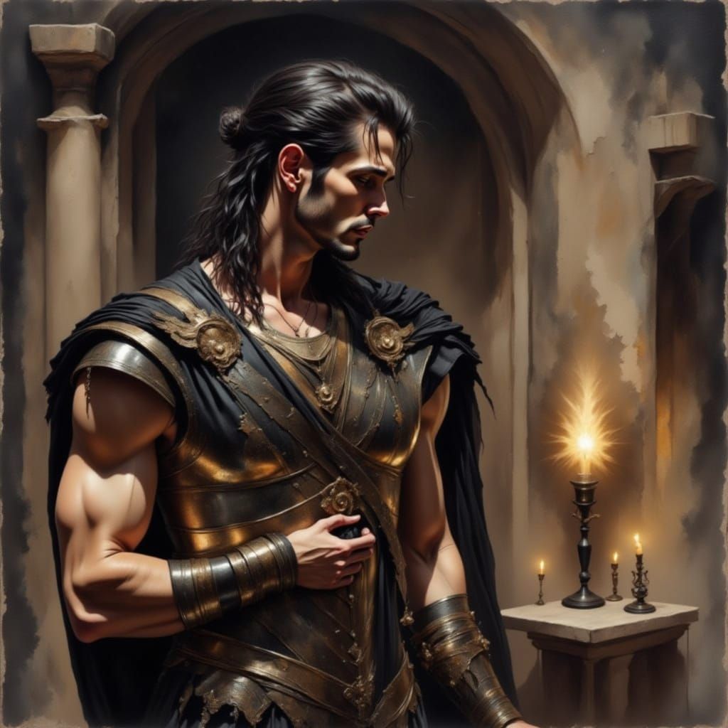 Bronze Age Warrior Portrait in Watercolor Style