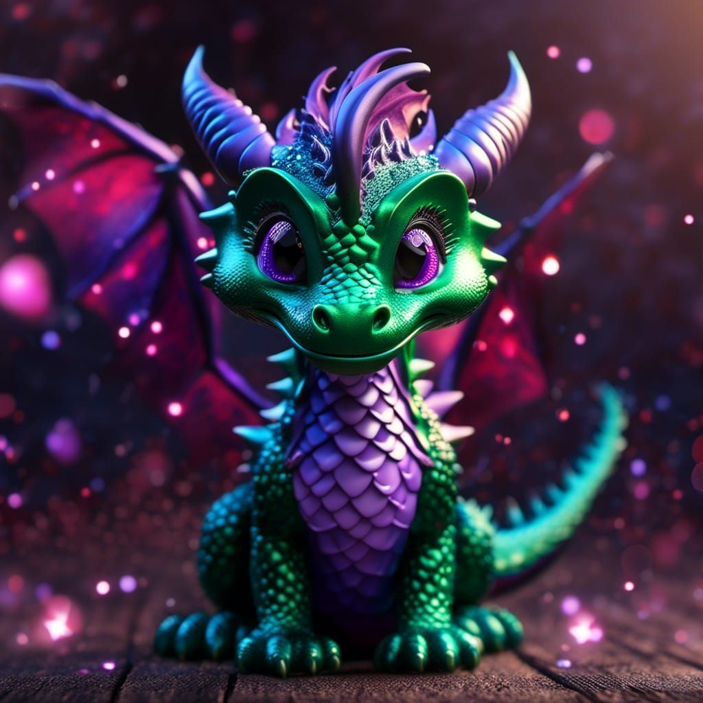 Cute Purple and Green Dragon Portrait in Pixar Style