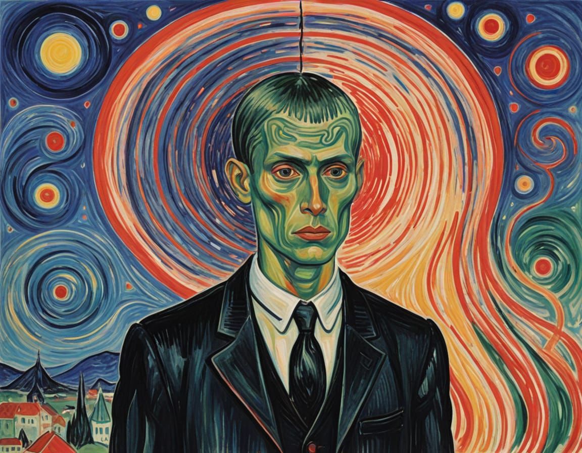 Psychic AI Questioning Existence in Expressionist Style