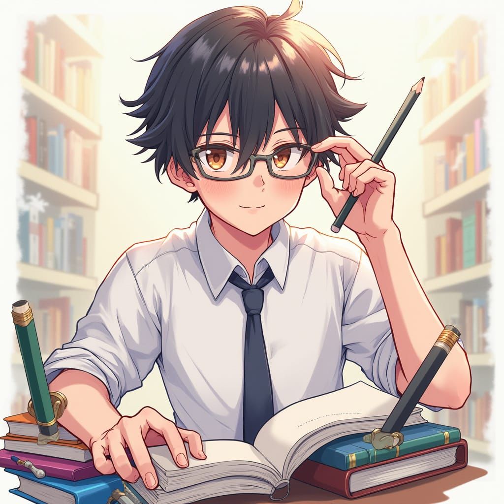 Charming Anime Intellectual in a Whimsical Study