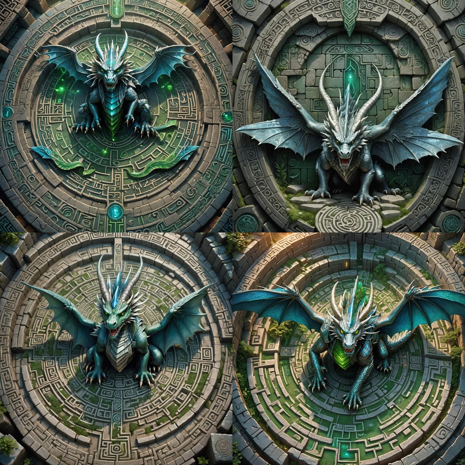 Silver Dragon Navigating Hieroglyphic Stone Labyrinth