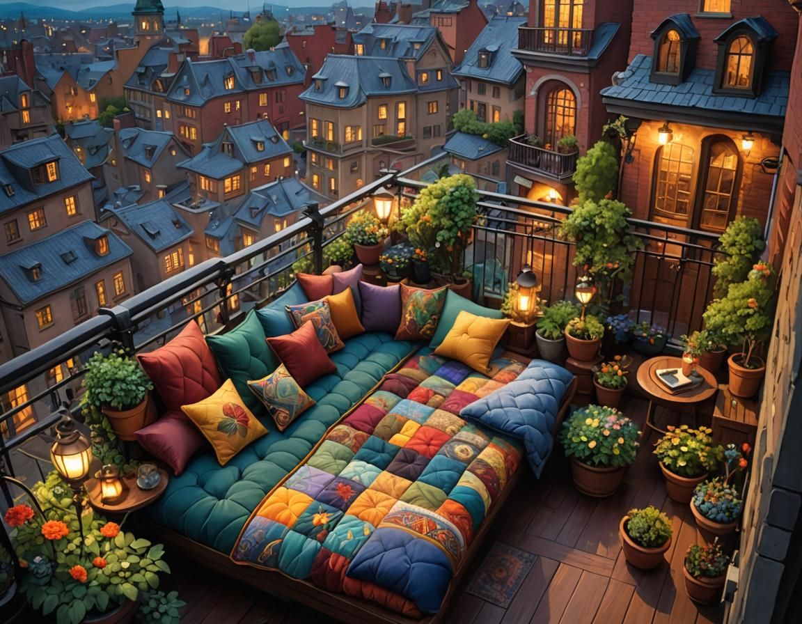 Cozy Balcony with Quilts, Ghibli-Inspired