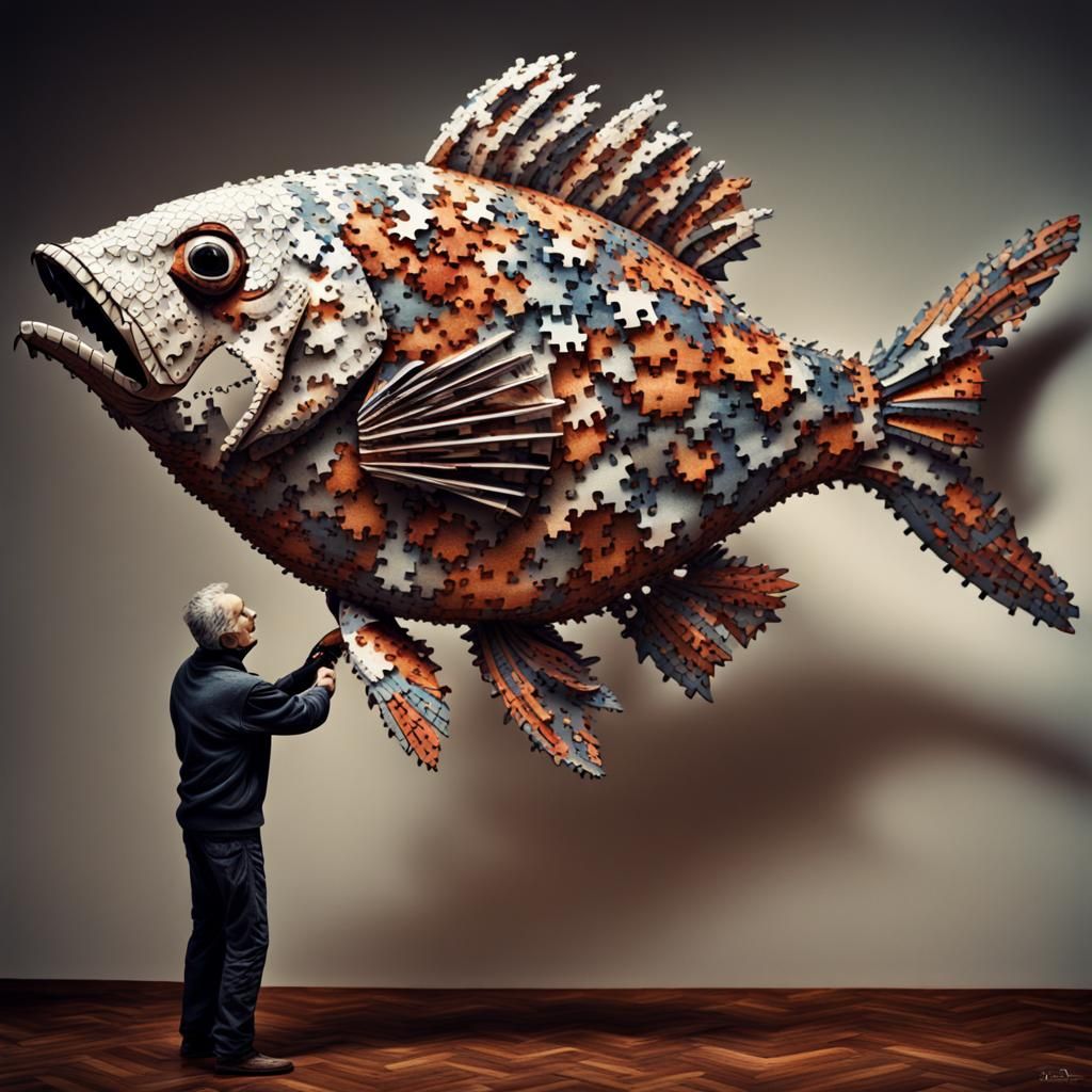 Jigsaw Man Completes Jigsaw Fish: Hyperrealistic Image