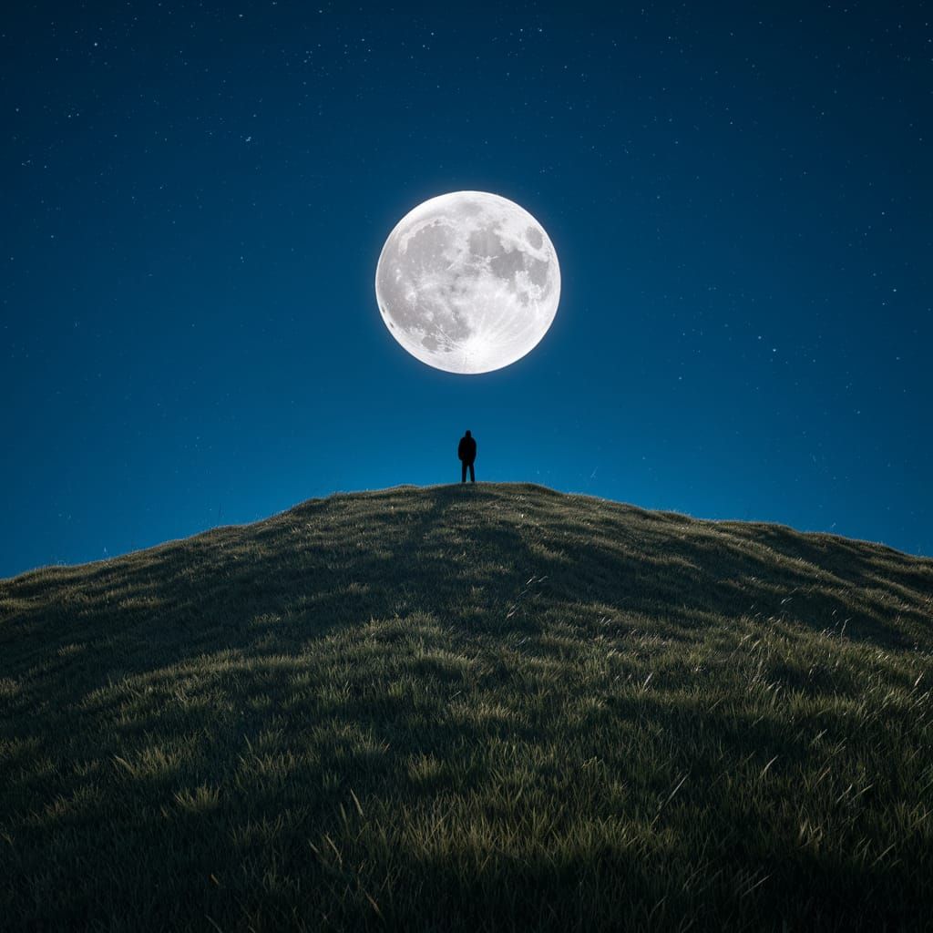 Lone Figure Silhouetted by Moonlight on Hill
