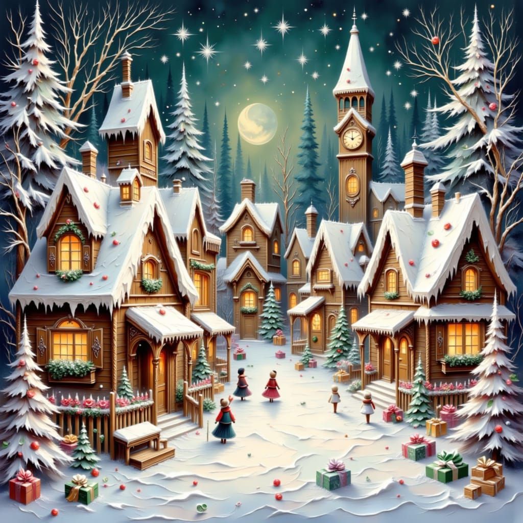 Whimsical Gingerbread Village with Clock Tower