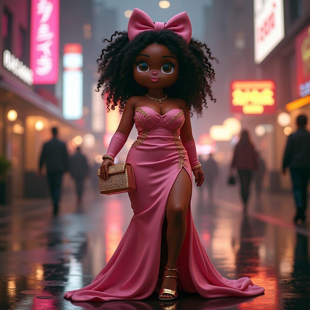 Hello Kitty as Curvy Adult in Cinematic Cityscape