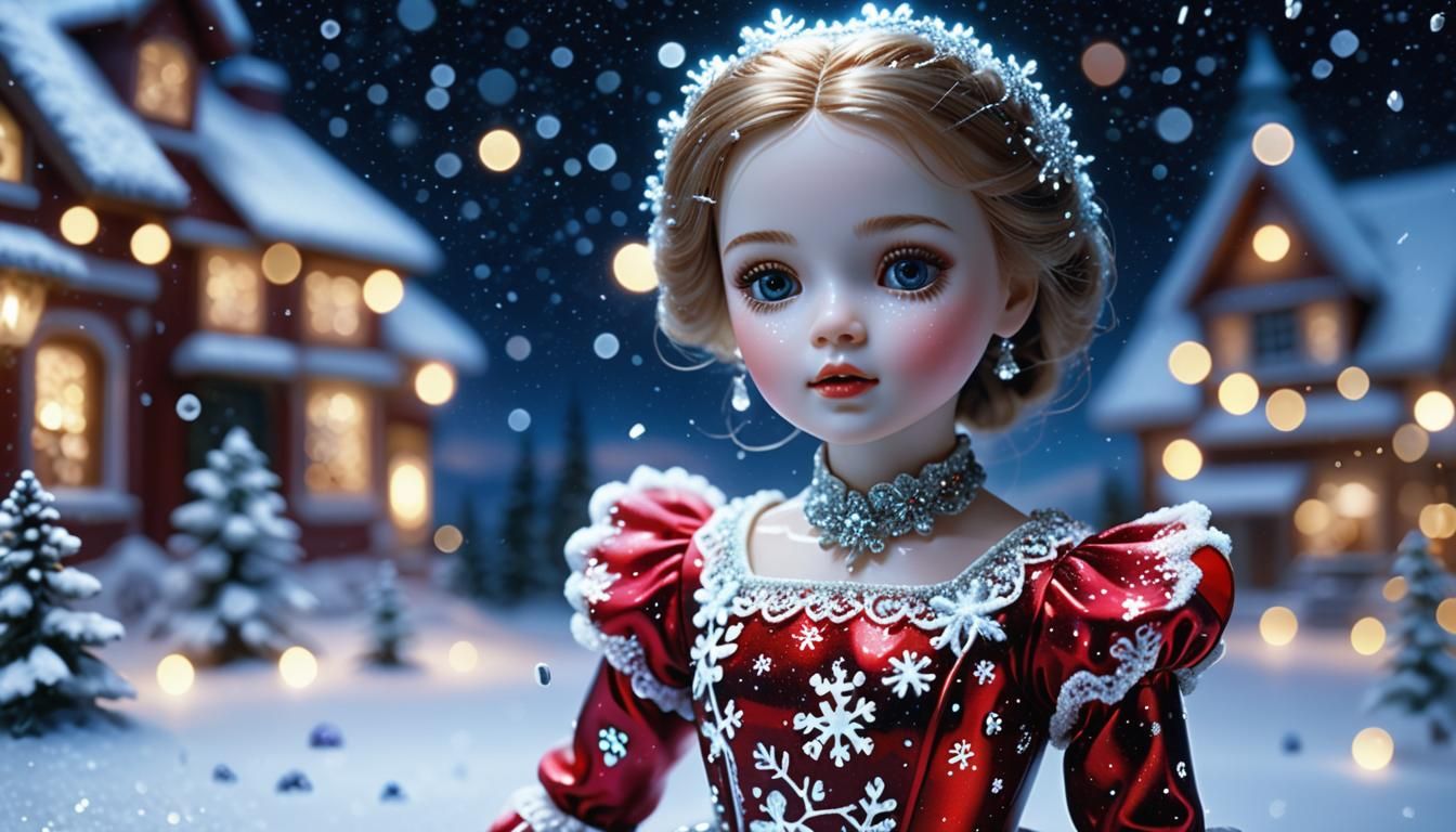 Glass Porcelain Doll in Snowlit Night Sky