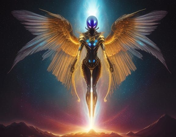 Surreal Alien in Mist with Iridescent Wings