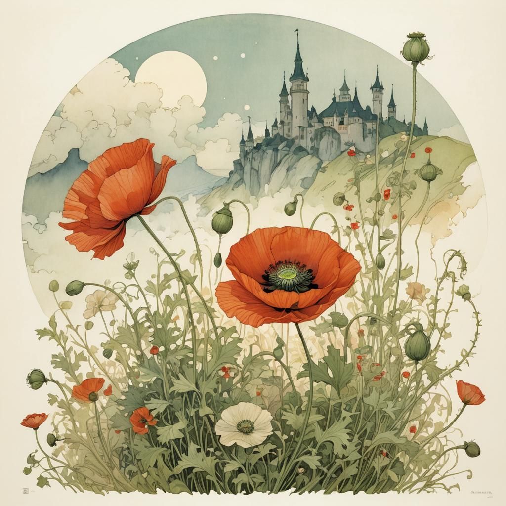 Intricate Poppy Blossom in Fairy Tale Style
